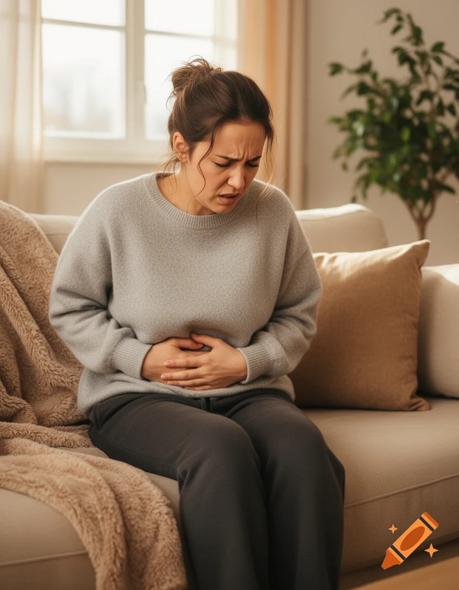 A woman in a gray sweater sits on a couch, holding her stomach and grimacing in pain.