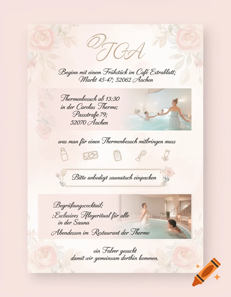 A beige-pink floral flyer for a bachelorette party itinerary, featuring text in German about breakfast, a spa visit, and dinner, with two small images of women in a spa pool.