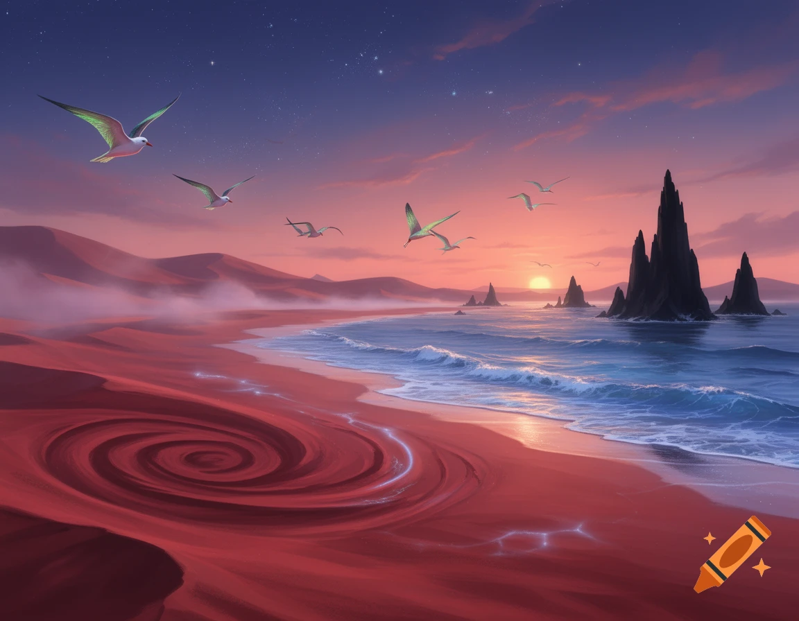 A vibrant fantasy illustration of a red sand beach with crashing blue waves, jagged black rock formations in the ocean, and birds flying under a twilight sky with a setting sun.