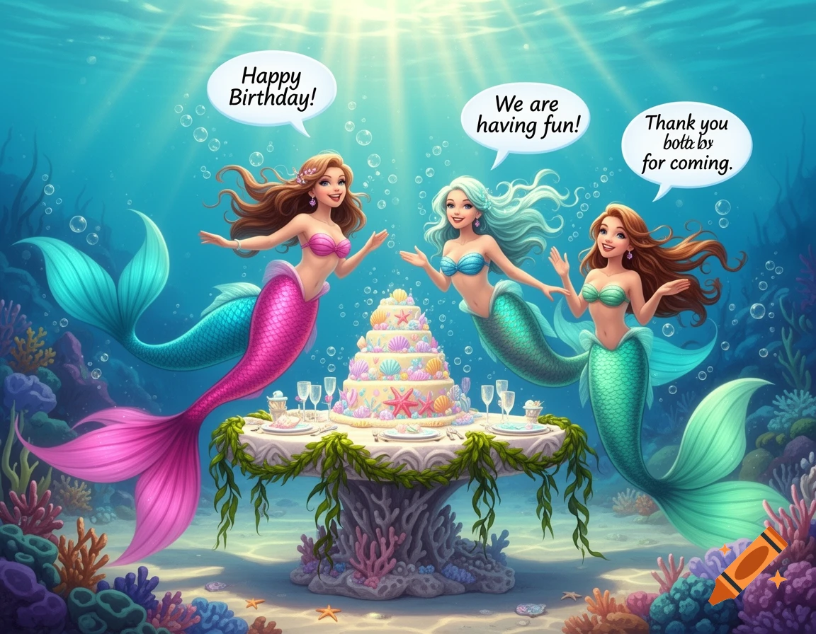 Three mermaids having a birthday party underwater with a tiered cake and speech bubbles.
