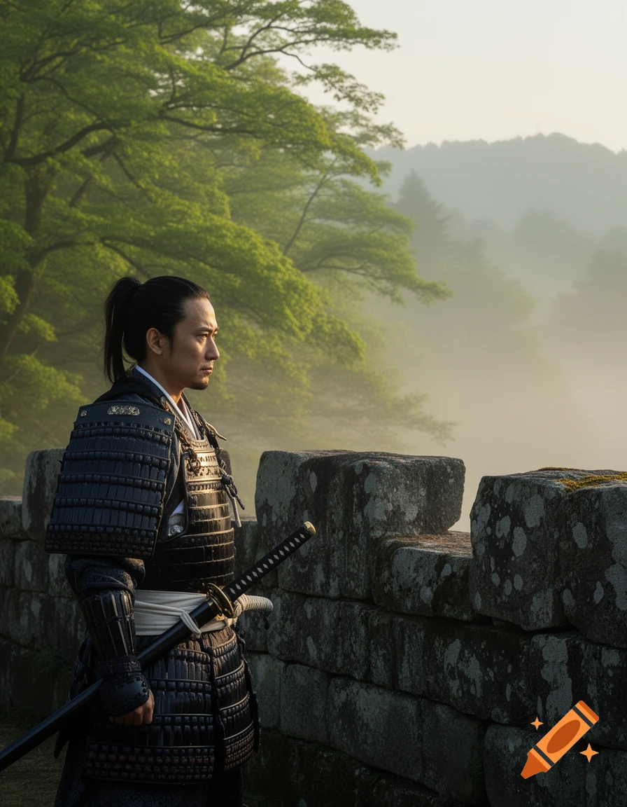 Photorealistic image of a samurai in black armor and topknot, holding a katana, standing on a stone wall overlooking a misty forest.