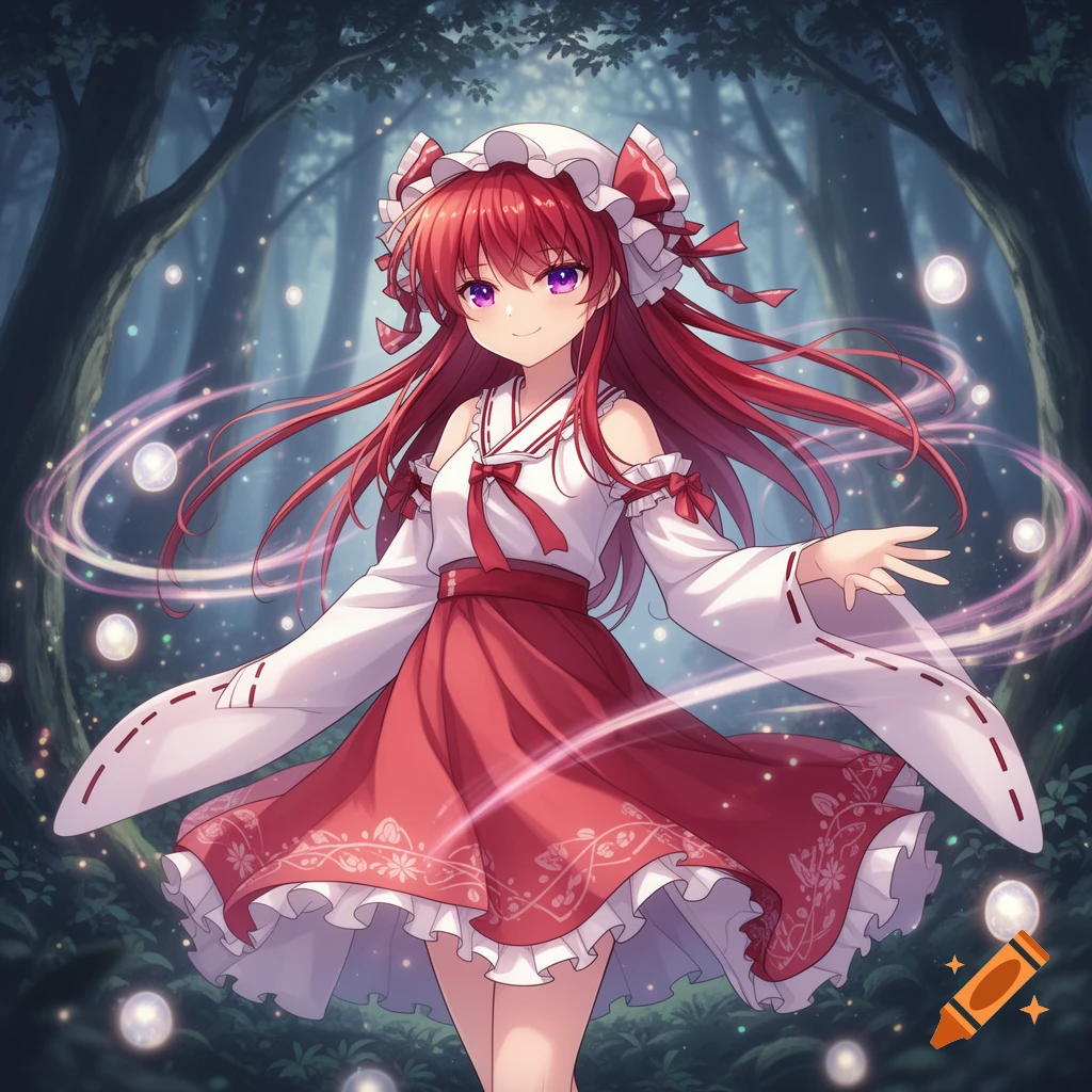 Anime girl with long red hair and purple eyes, wearing a white and red dress, stands in a mystical forest with glowing orbs.