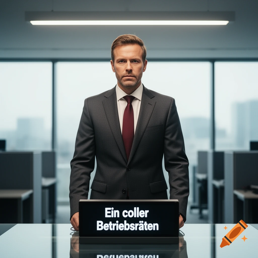 A serious man in a dark suit and red tie stands behind a desk with a glowing screen displaying German text in an office.
