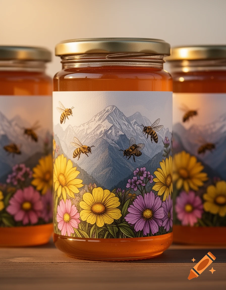 Three glass jars of honey with labels depicting bees, colorful flowers, and snowy mountains under warm lighting.