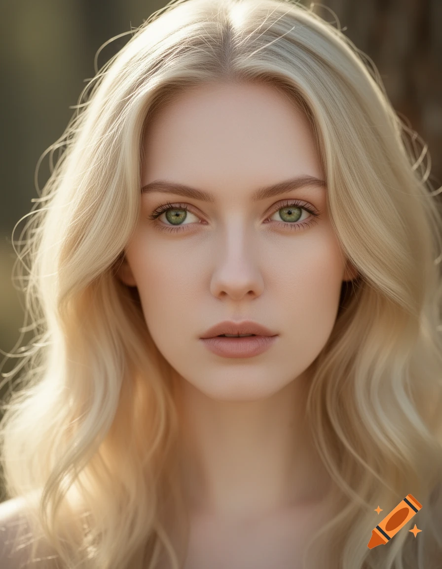 Close-up photorealistic portrait of a young woman with long wavy blonde hair and vibrant green eyes looking directly forward.