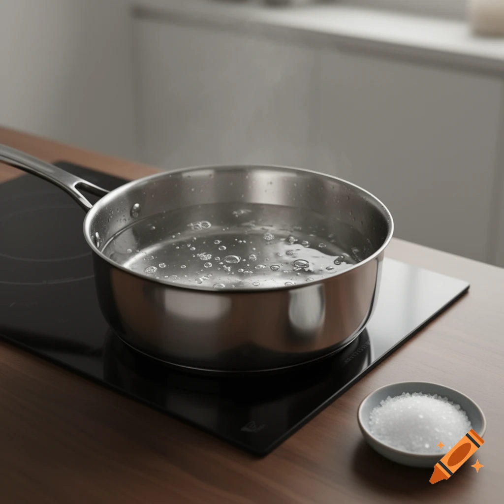 A stainless steel pot with boiling water sits on a black induction cooktop, with a small bowl of white salt on a wooden countertop in a kitchen.