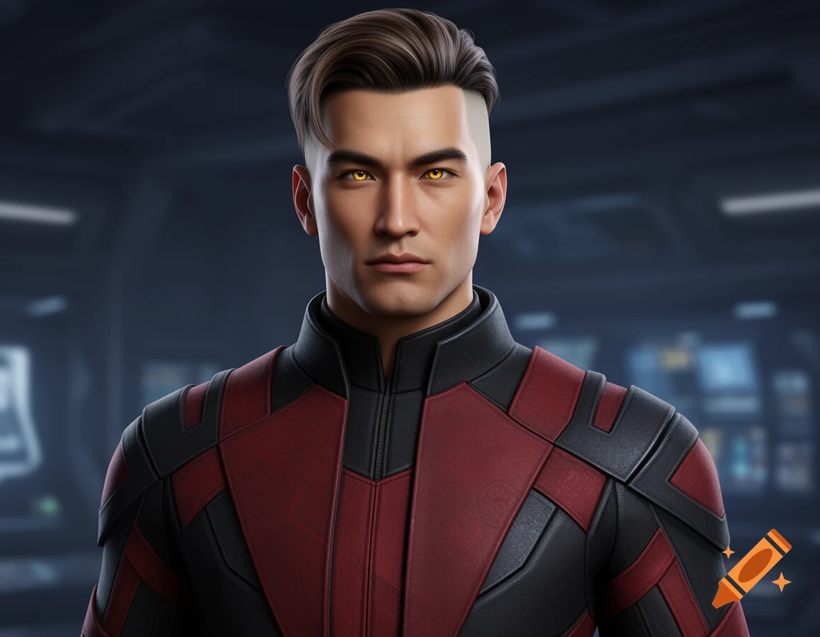 A serious young man with slicked-back dark hair and yellow eyes, wearing a black and red futuristic suit against a blurred high-tech background.