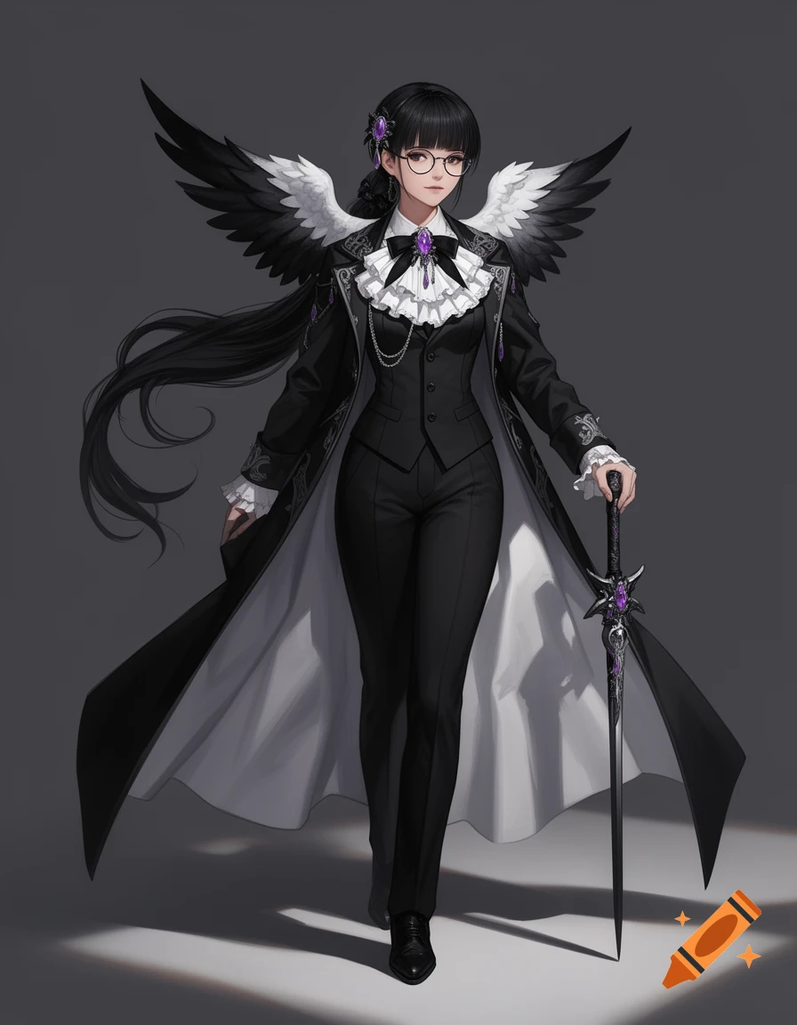 A dark-haired anime woman with glasses, wearing a black suit, white ruffled shirt, long black coat, and black and white wings, holding an ornate sword.