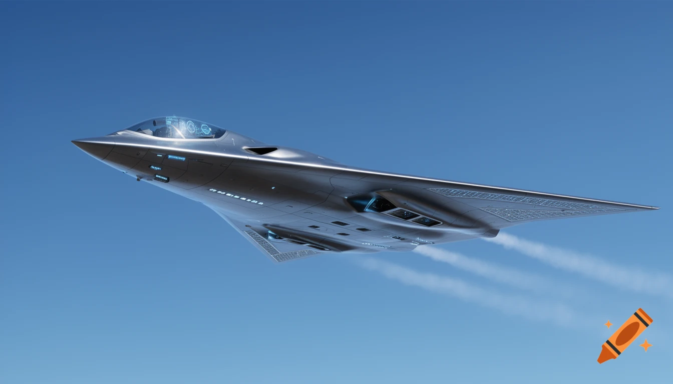 A silver futuristic stealth bomber flies through a clear blue sky, leaving white contrails.