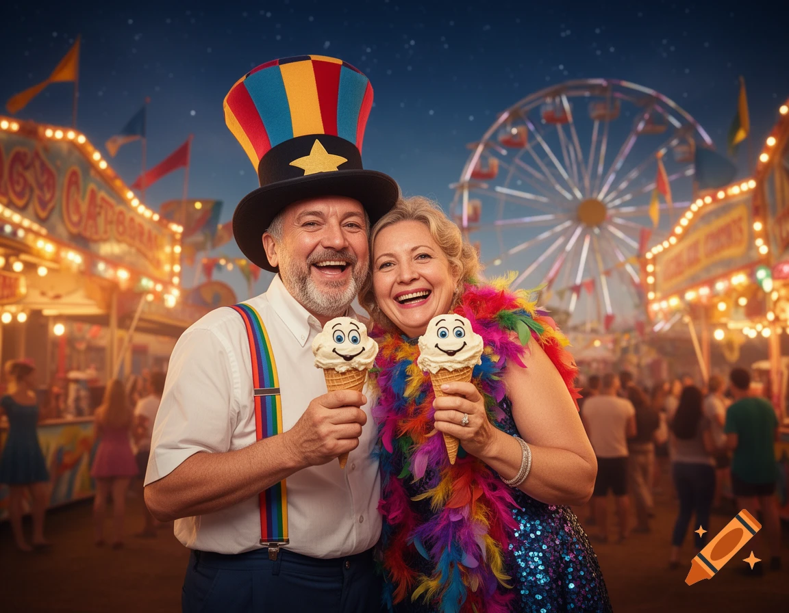 A happy older couple in festive attire holds cartoon-faced ice cream cones at a lively night fair with a Ferris wheel.