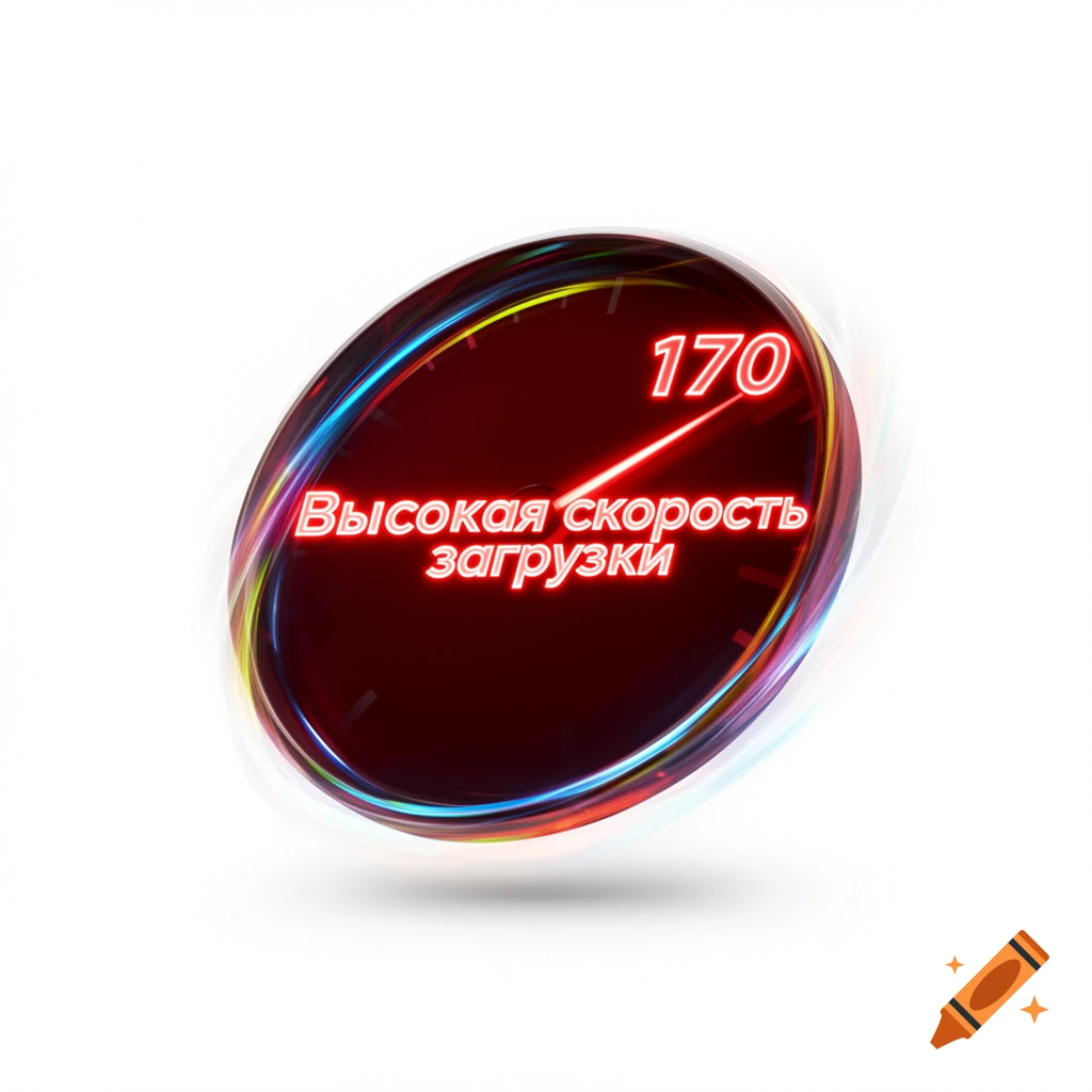 Glowing red speed gauge showing '170' and Russian text 'Высокая скорость загрузки' (High download speed) with colorful light streaks on white background.