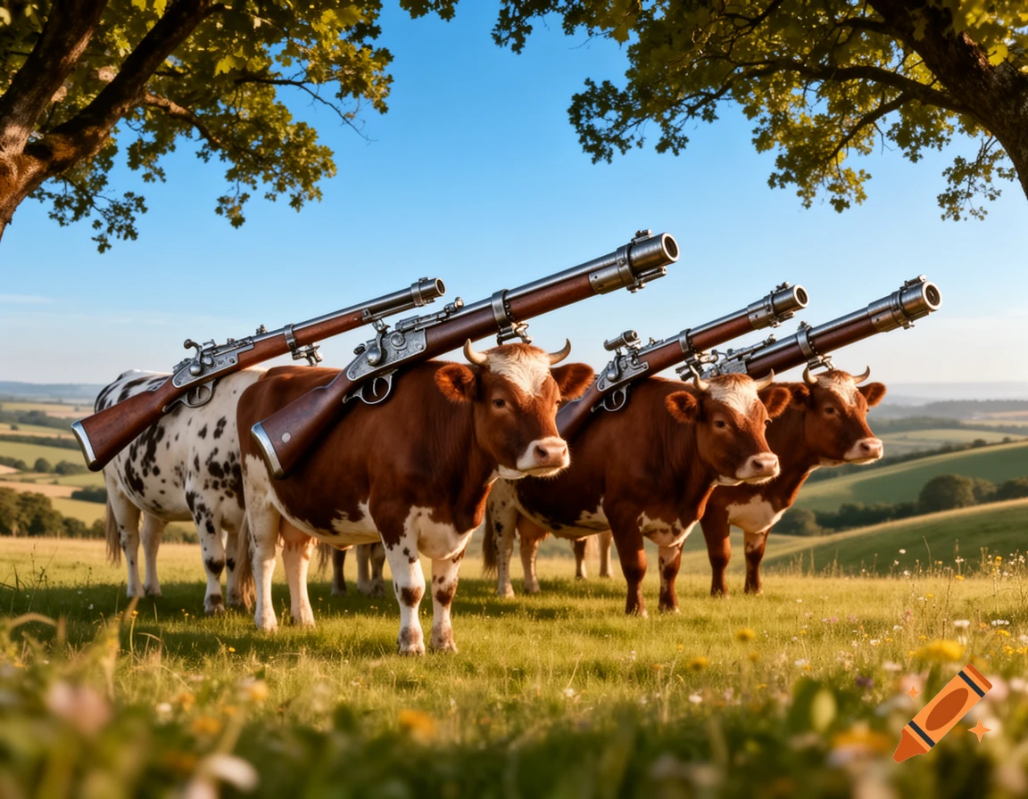 Photorealistic image of several cows standing in a grassy field with large rifles strapped to their backs under a sunny sky.