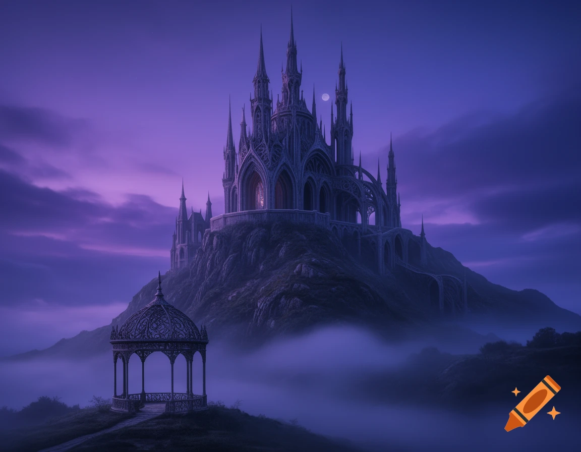 A dark fantasy castle with gothic architecture on a misty hill under a violet sky, with a gazebo in the foreground.