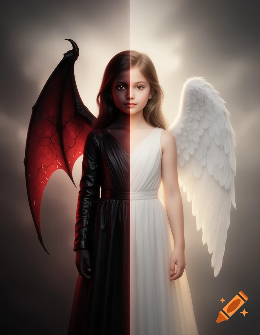 A young girl split vertically, half demon with a red wing and black dress, half angel with a white wing and white dress.