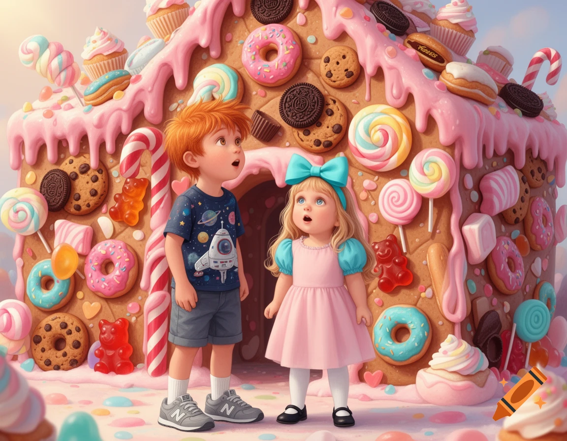 A boy and a girl stand in front of a giant gingerbread house covered in various candies like donuts, lollipops, cookies, and gummy bears in a vibrant, whimsical style.