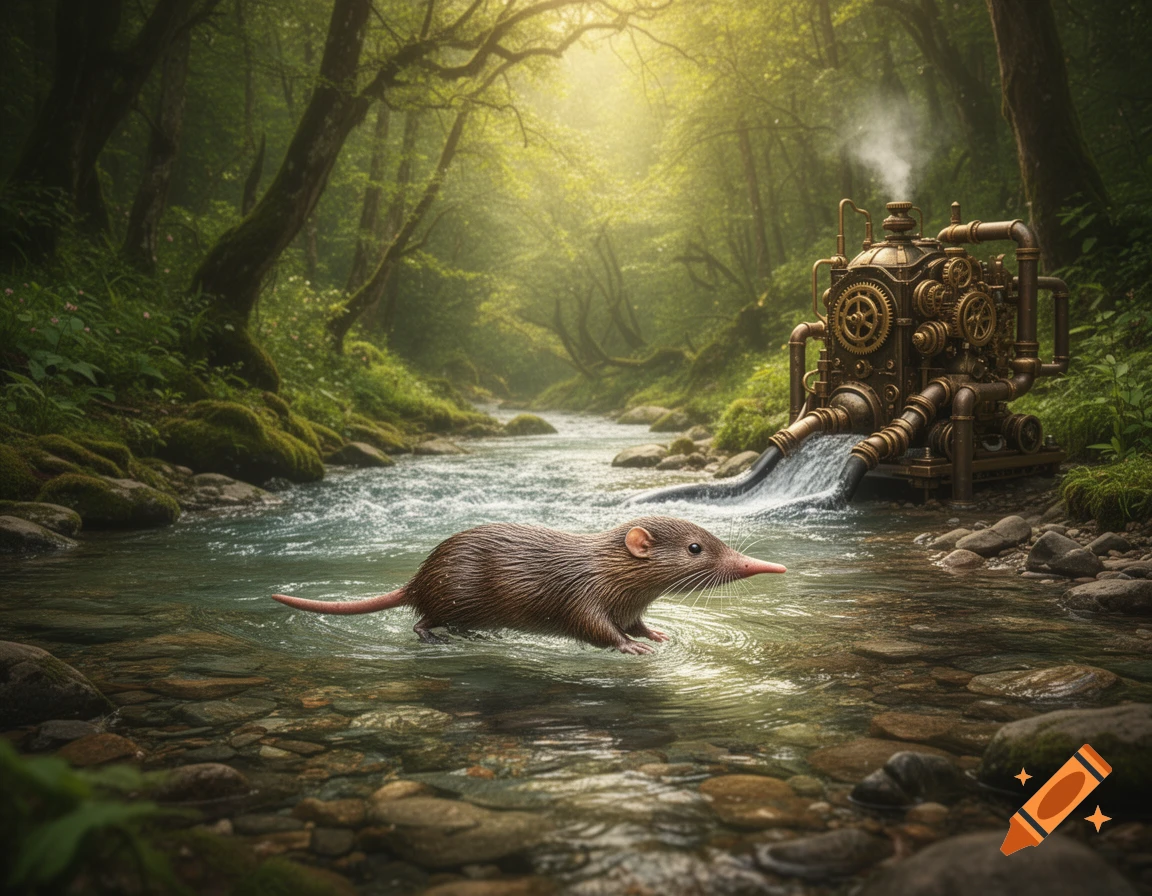 A desman swims in a lush forest stream while a steampunk machine diverts water, surrounded by green trees.