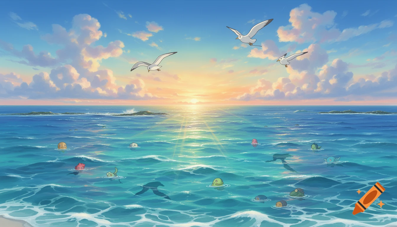Ghibli-style animated ocean scene at sunset, with seagulls flying over whimsical sea creatures floating in the blue water.