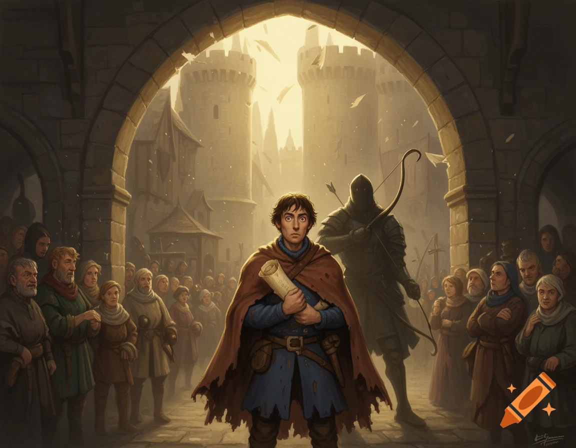 A dramatic digital painting of a frightened man holding a scroll, facing a shadowy archer and a curious crowd in a medieval town square.