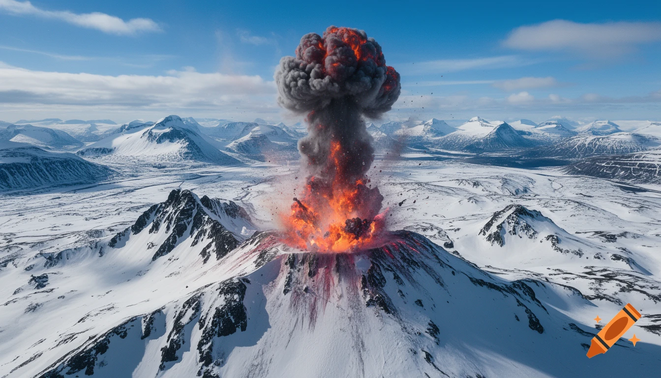 A dramatic volcanic eruption with fiery lava and a large ash cloud rising above a vast, snow-covered mountain range under a blue sky.