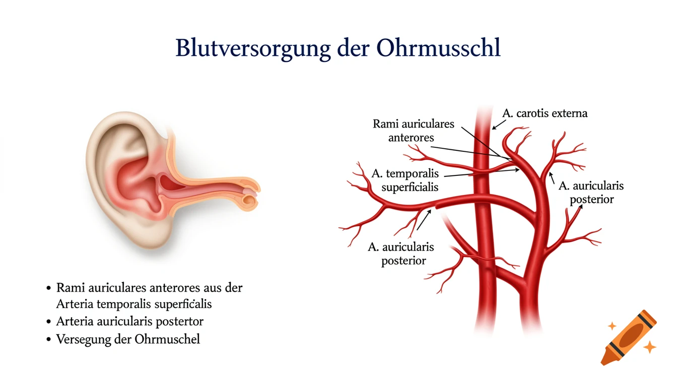 A medical infographic illustrating the blood supply of the human ear, showing a stylized ear and a diagram of arteries with labels.
