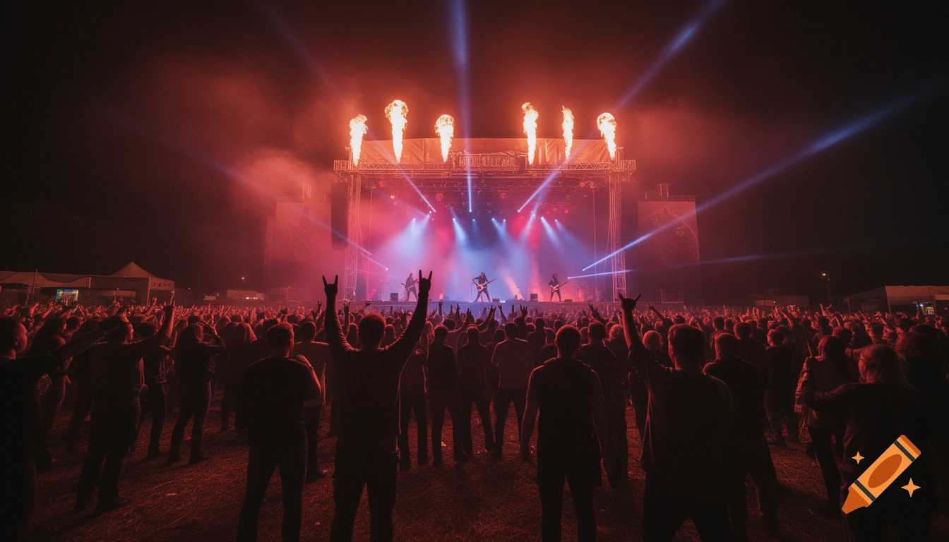A wide shot of a metal band performing live on an outdoor stage with pyro flames, silhouetted crowd raising hands in the foreground, at night.