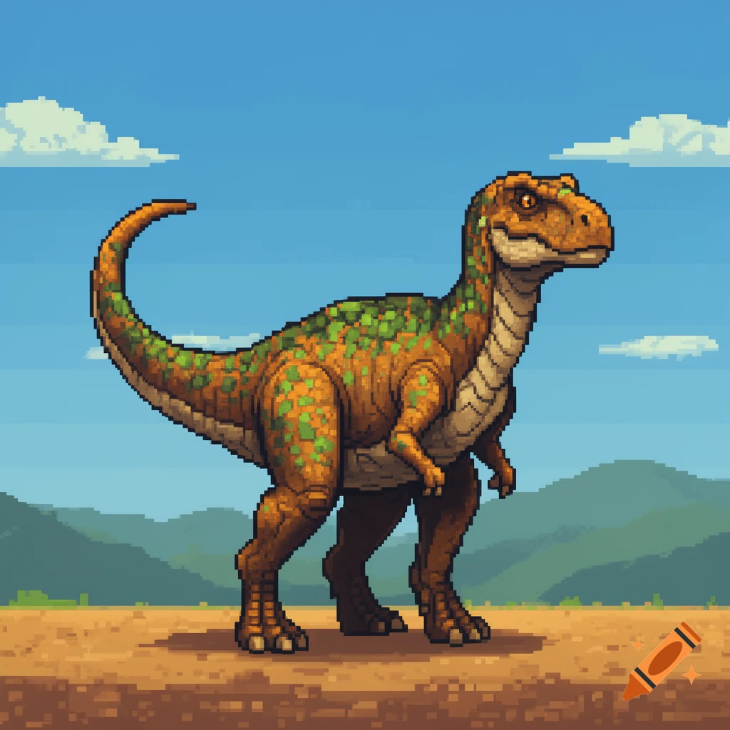 A pixel art dinosaur, brown with green spots, stands on a dirt plain under a blue sky with mountains.