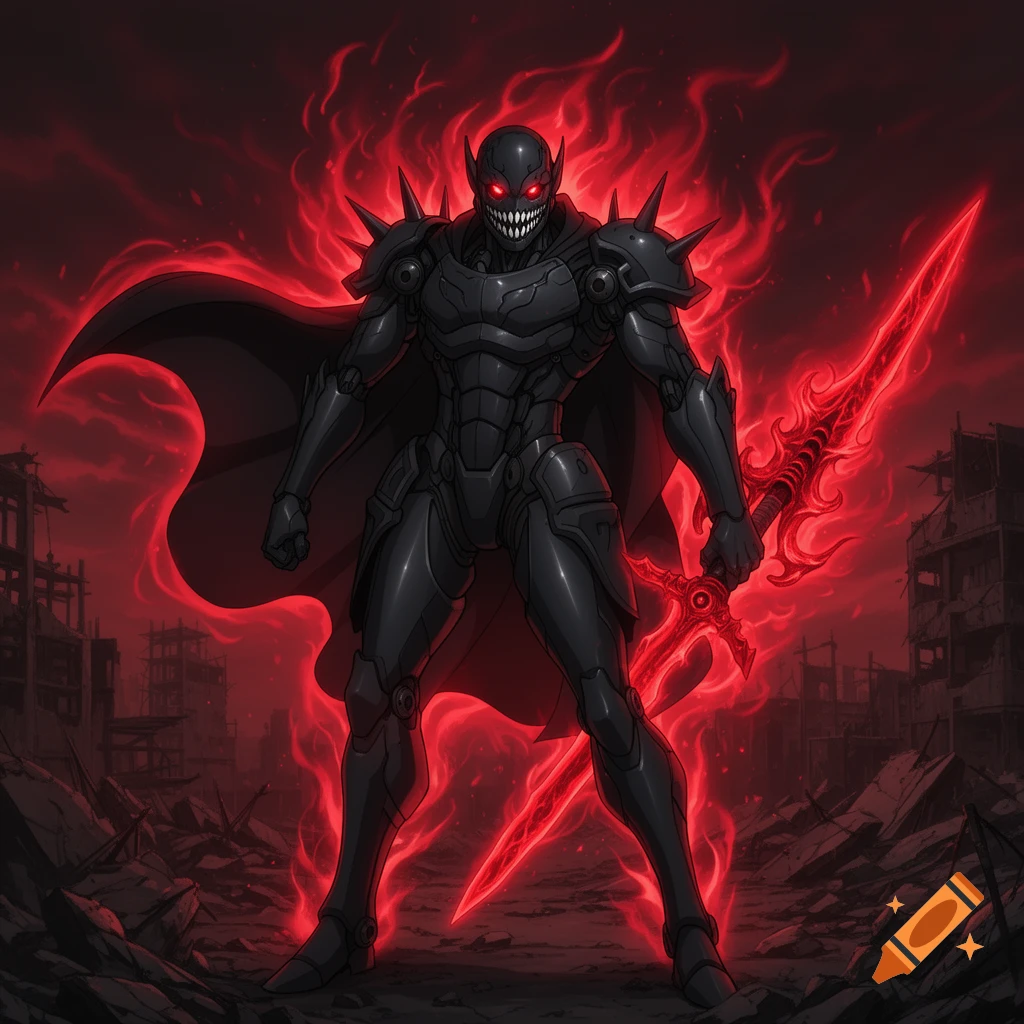 A menacing cybernetic demon in black armor with glowing red eyes and sharp teeth, holding a fiery red sword in a ruined city, anime style.