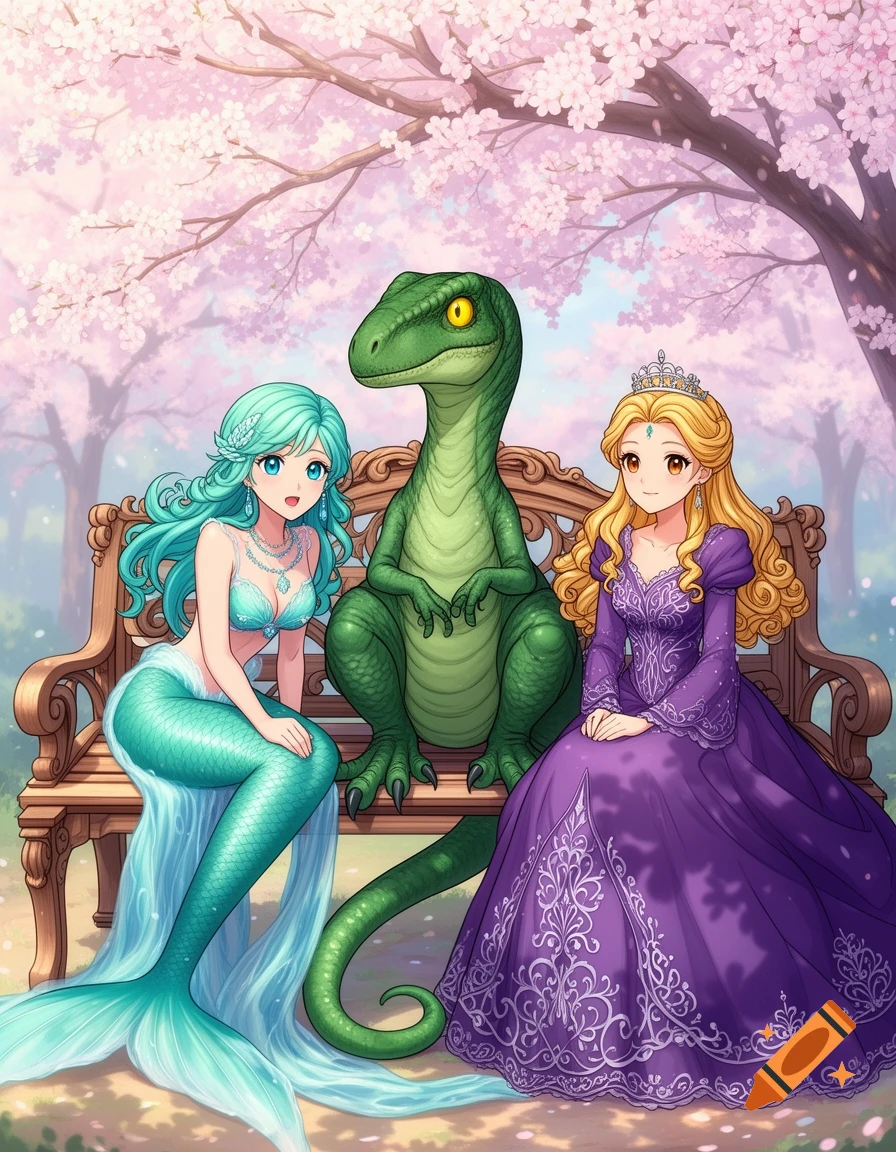 Anime style image of a mermaid, velociraptor, and princess sitting on a bench under cherry blossom trees.