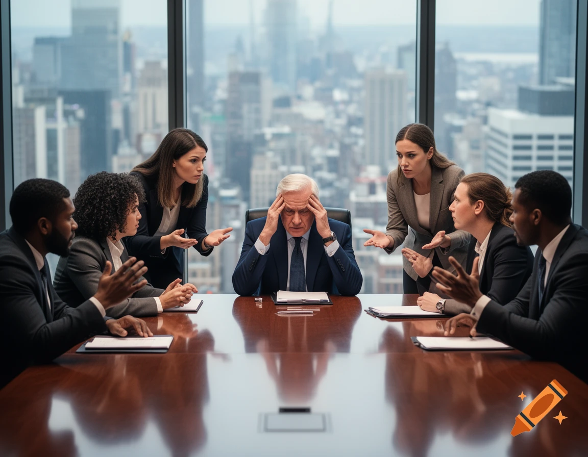 A stressed older man in a suit holds his head in a boardroom, surrounded by arguing business colleagues with a city view.