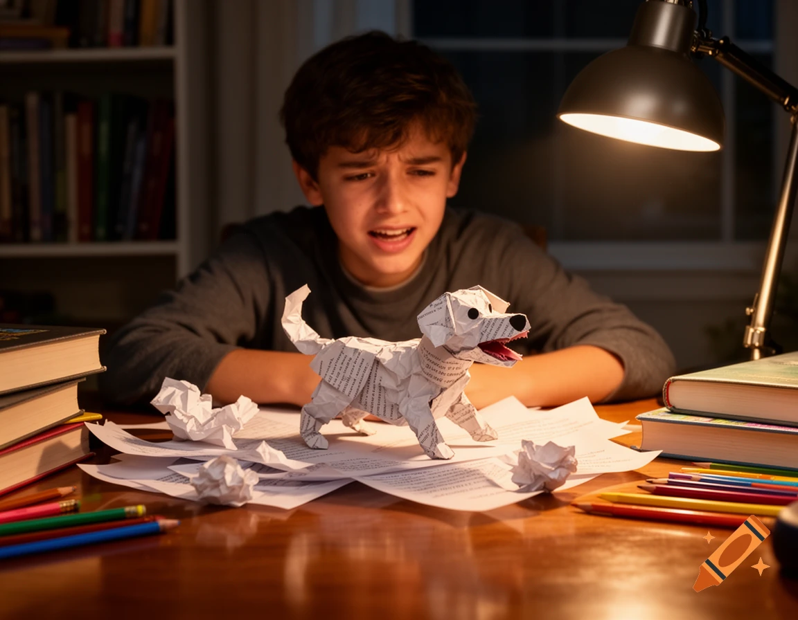 A young boy looks with frustration at an origami dog made of crumpled homework papers, surrounded by school supplies and books under a desk lamp.