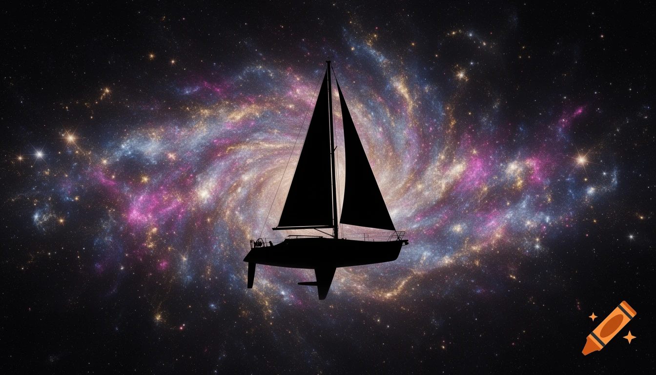 A black silhouette of a sailboat flying against a vibrant, colorful galaxy cluster filled with many stars.