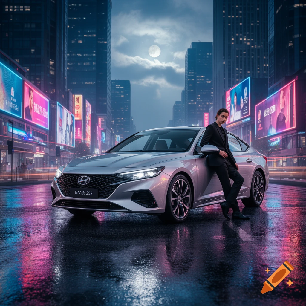 A man in a black suit leans on a silver car on a wet city street at night, with neon signs, skyscrapers, and a full moon.