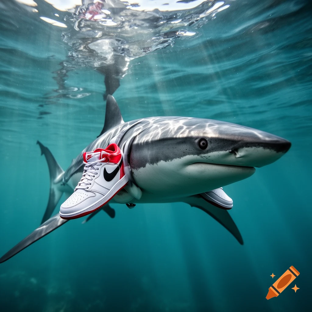 Photorealistic image of a great white shark swimming underwater, wearing red and white Nike sneakers on its fins.
