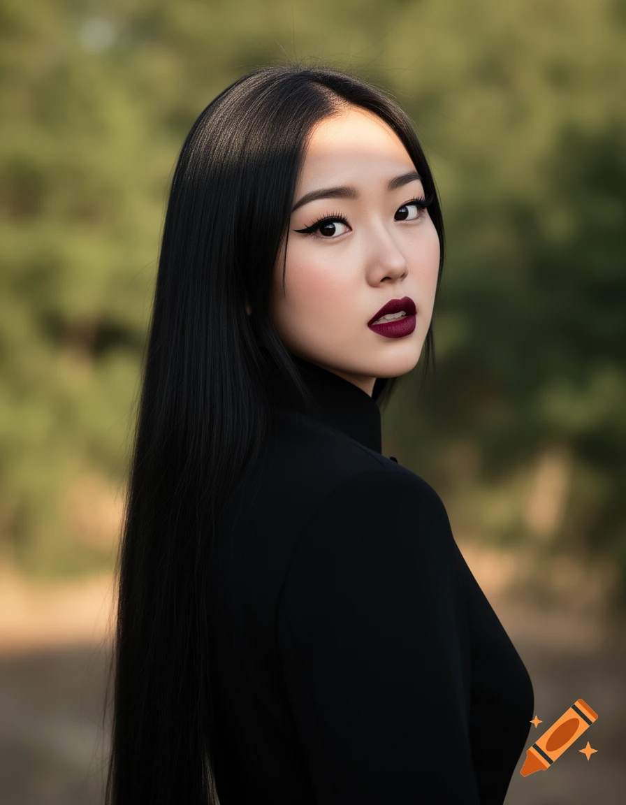 Photorealistic portrait of a young woman with long black hair and berry-red lipstick, glancing back over her shoulder outdoors.