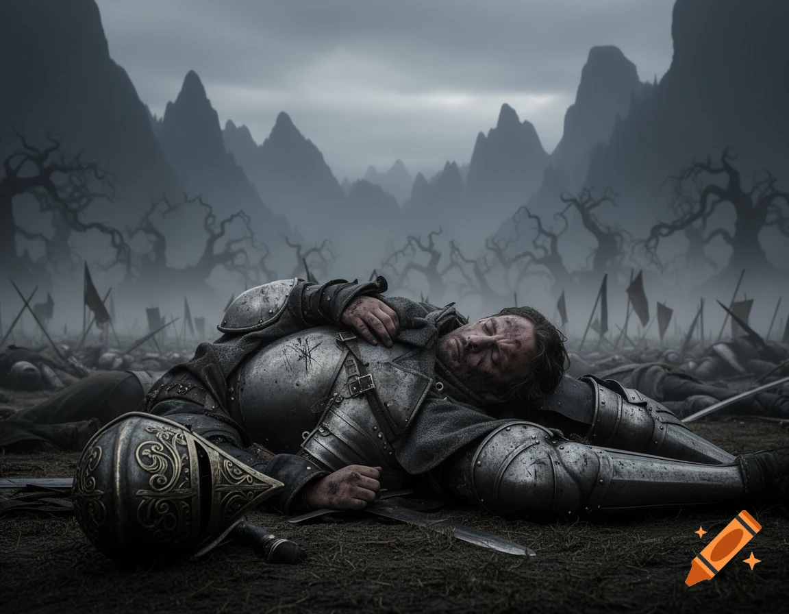 A weary knight lies on a dark, misty battlefield amidst fallen comrades, with jagged mountains and skeletal trees in the background.