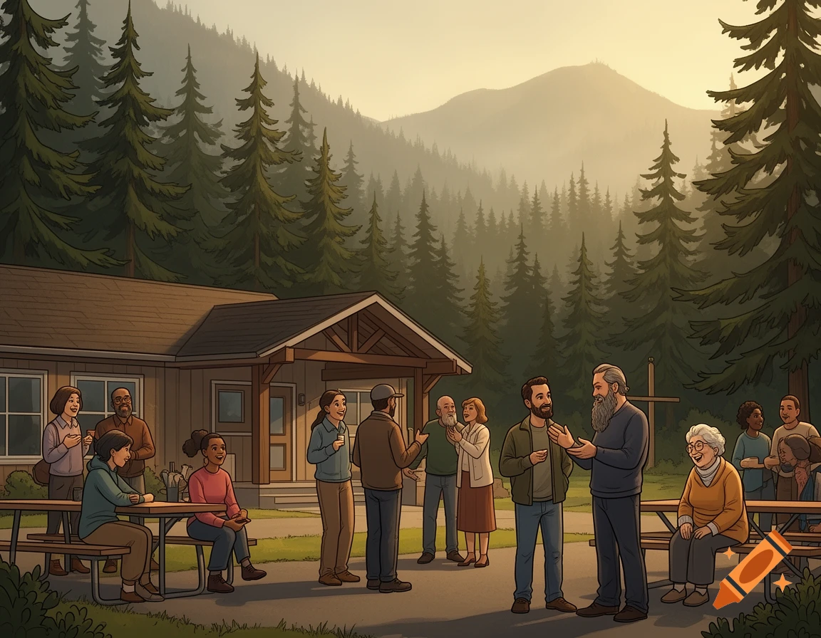 Illustrated community gathering outdoors in the Pacific Northwest, with people talking and sitting near a building, surrounded by evergreen trees and misty mountains.