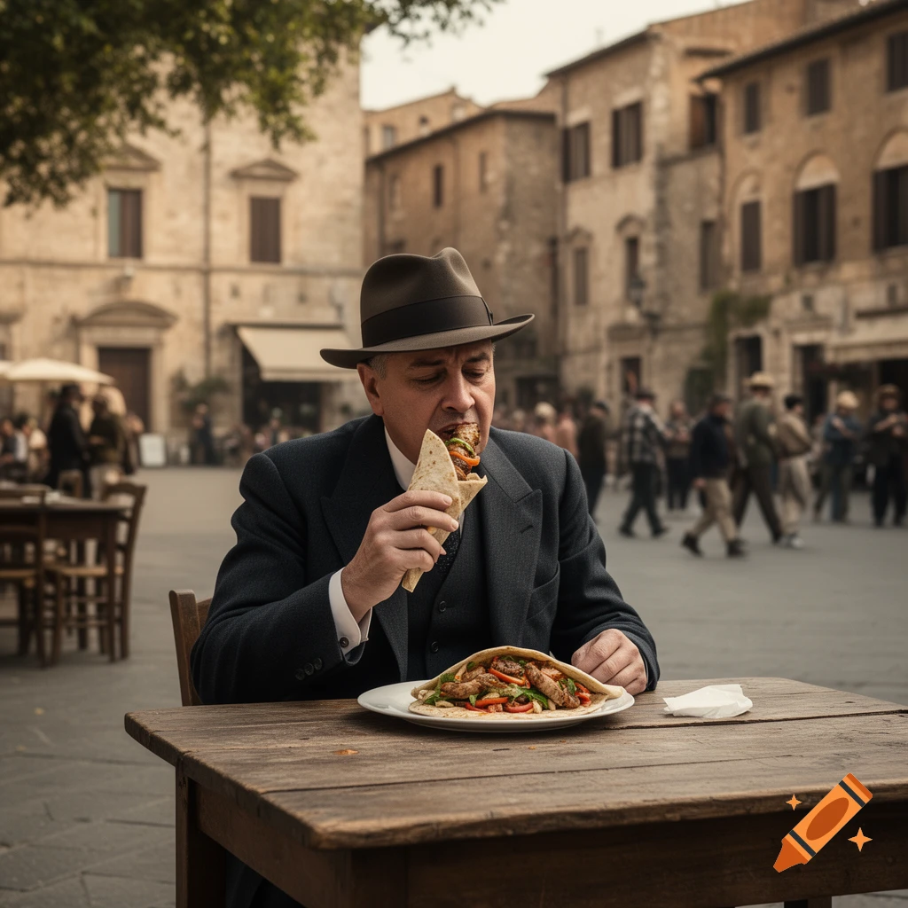 A man in a fedora and suit eats a wrap at an outdoor table in a photorealistic European city square.