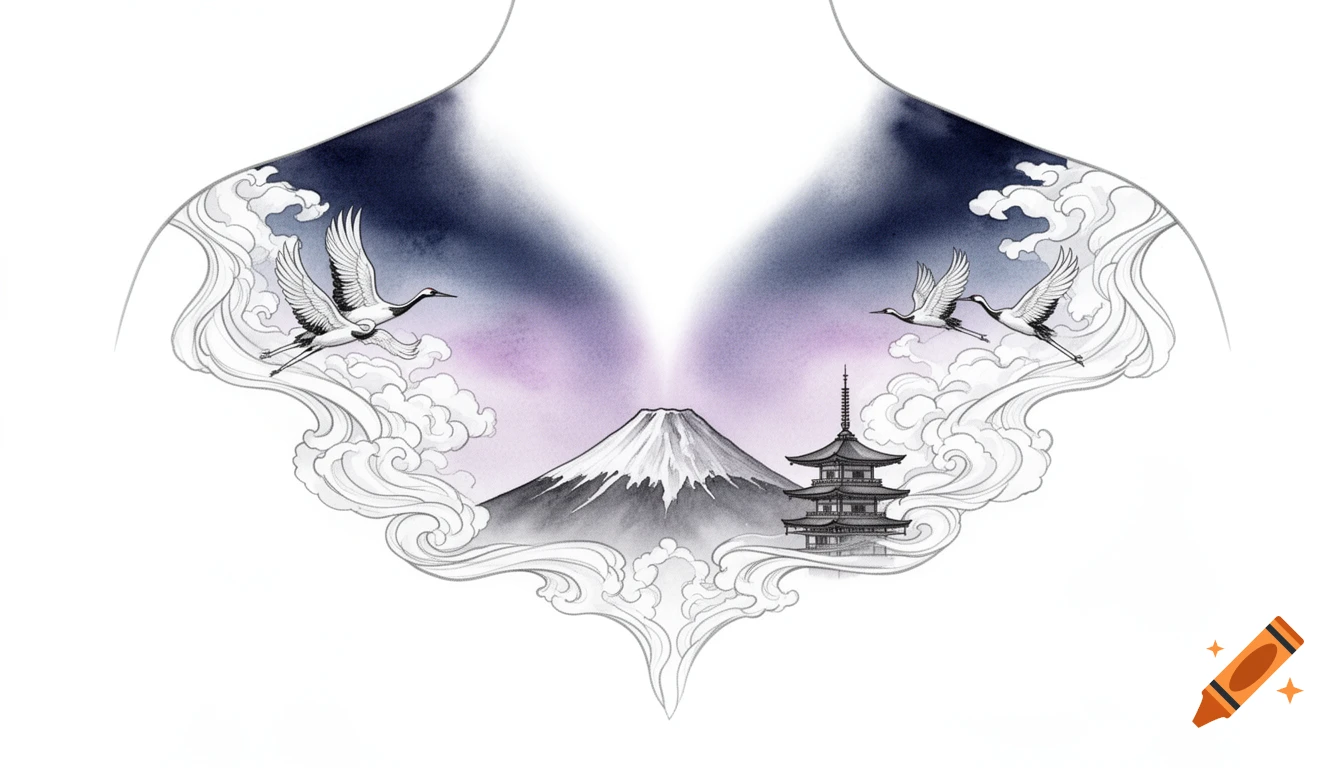 Watercolor tattoo design of Mount Fuji, a pagoda, and cranes flying amid white mist and a twilight sky.
