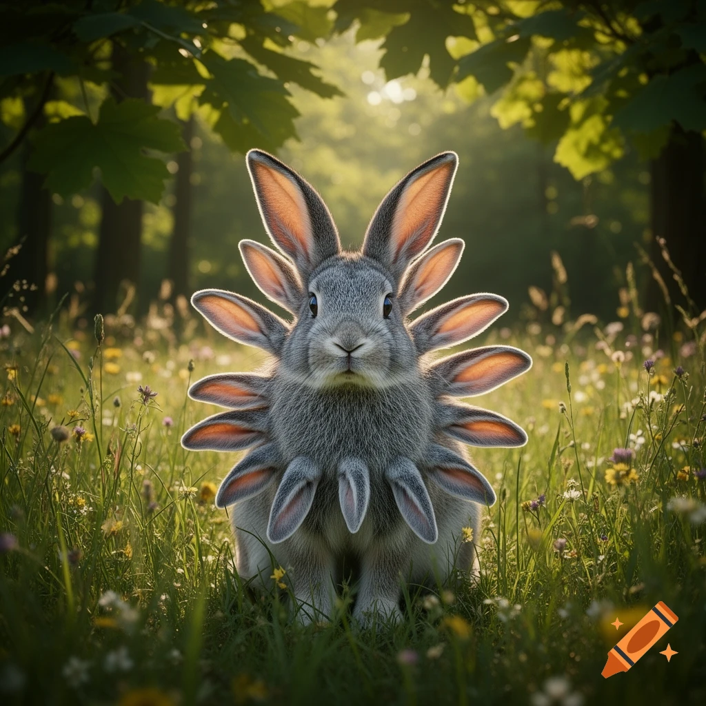 A grey rabbit with many ears covering its head and body sits in a sunlit grassy field with wildflowers and trees.
