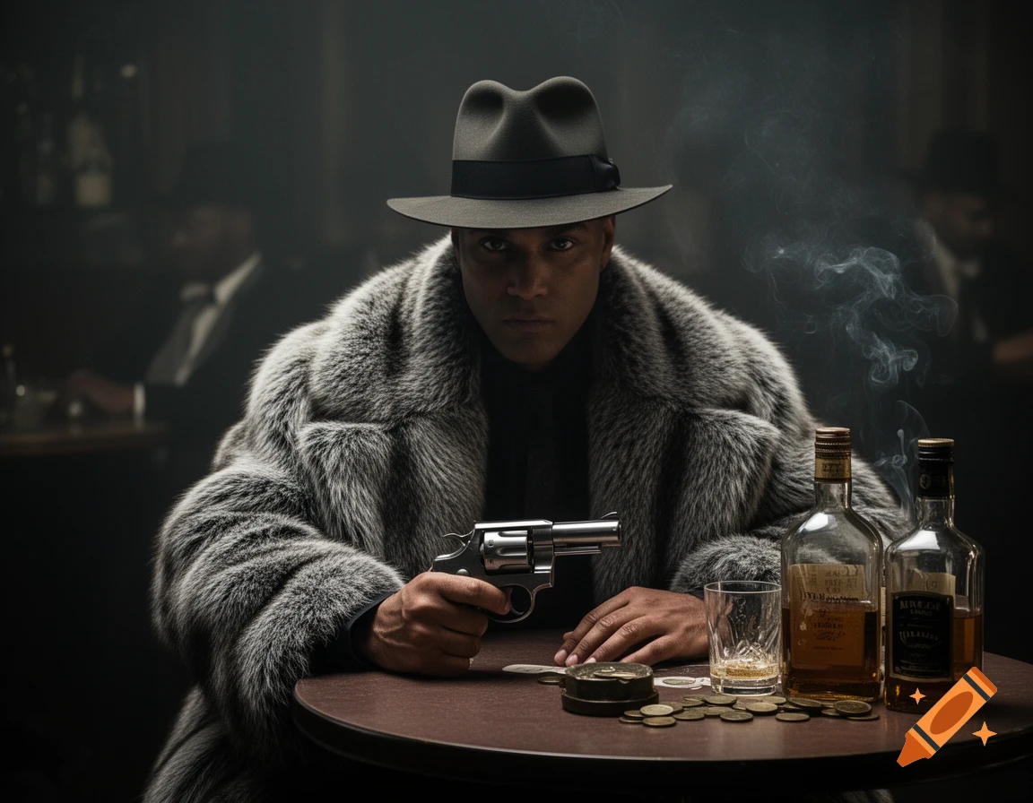 A man in a fedora and a large fur coat sits at a table, holding a revolver. Whiskey bottles and coins are on the dark table.
