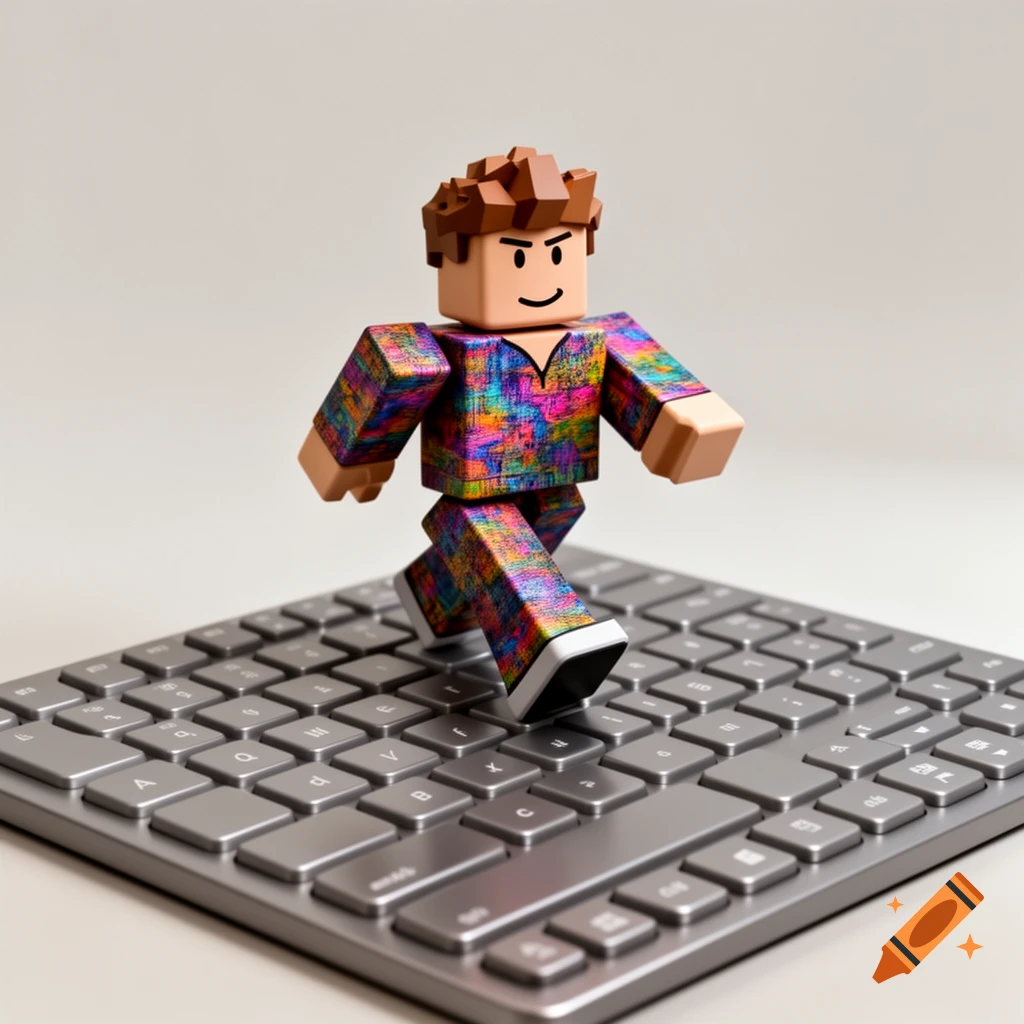 A colorful Roblox character with brown spiky hair and a smiling face walks across a gray computer keyboard.