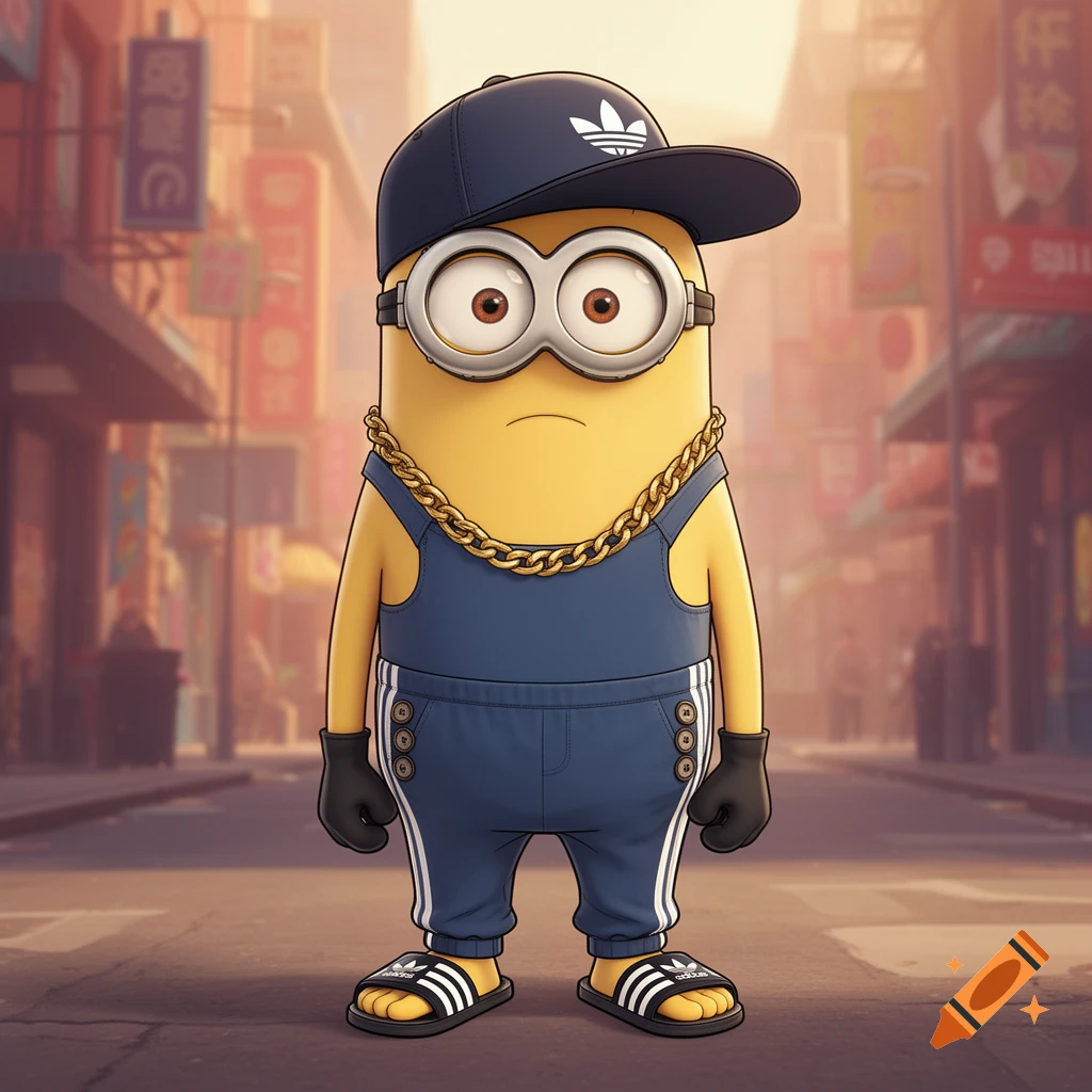 A Minion wearing a backward black Adidas cap, gold chain, blue overalls with white stripes, and Adidas slides stands on a city street.
