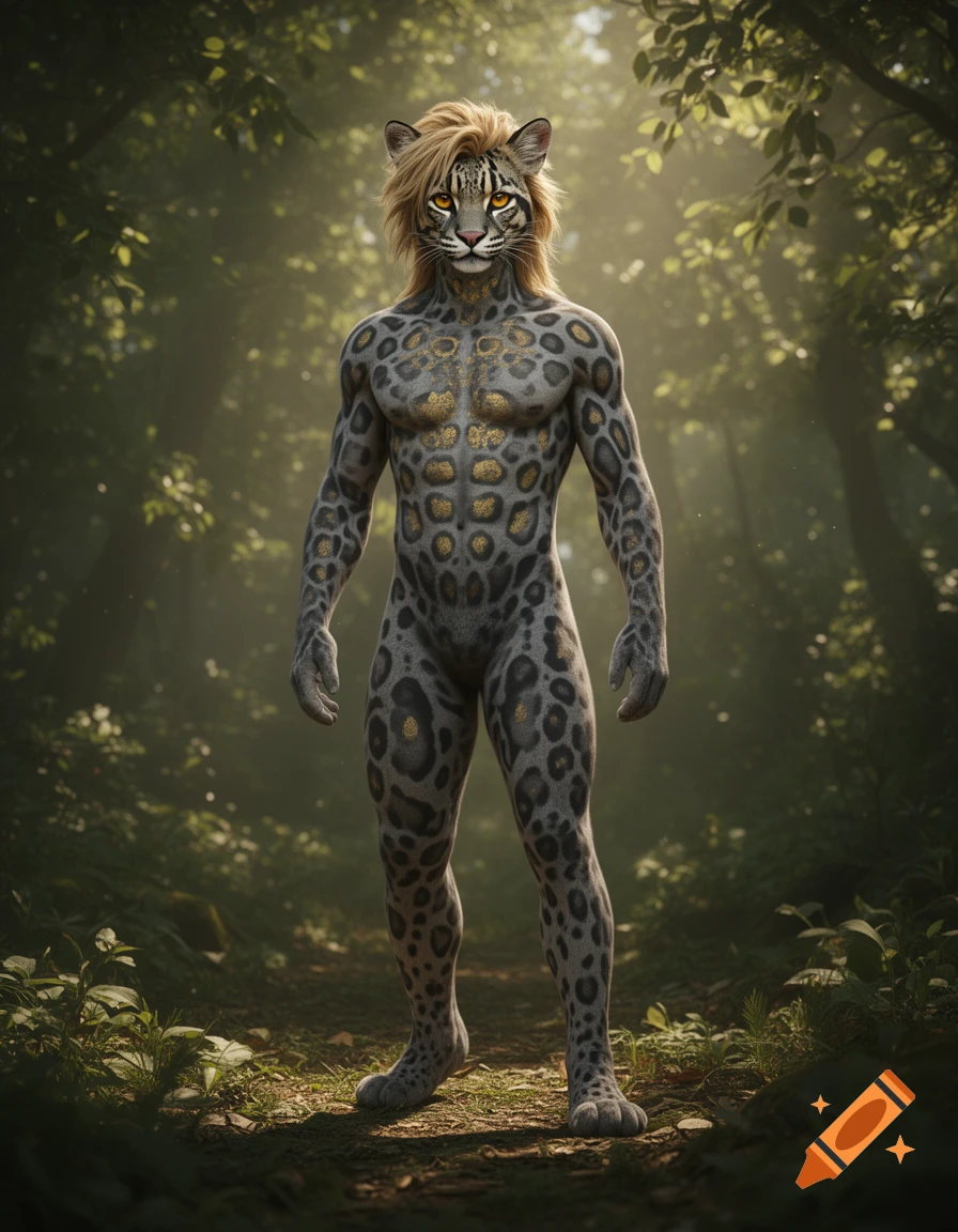 Photorealistic digital art of a muscular clouded leopard demihuman with blonde hair and golden spots, standing on a sunlit forest path.