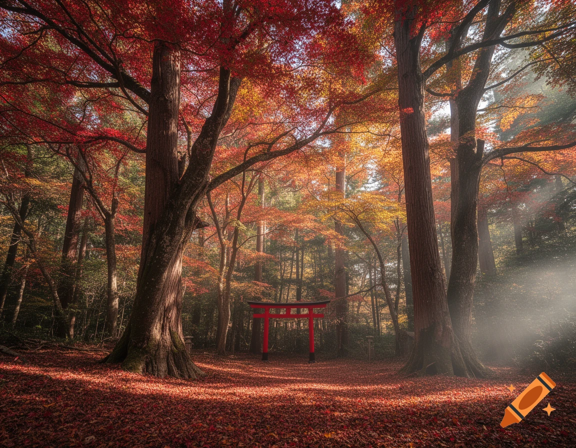 A photorealistic autumn forest with vibrant red and orange leaves covering trees and ground, a red torii gate, and sunbeams.