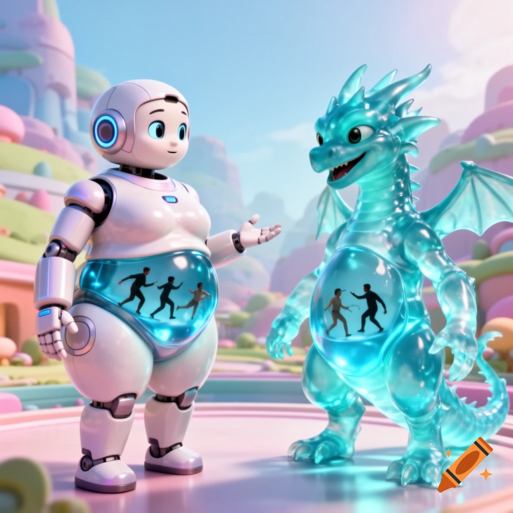 A plump white robot and a translucent cyan dragon alien playfully interact in a colorful landscape, both with small human silhouettes visible inside their bellies.
