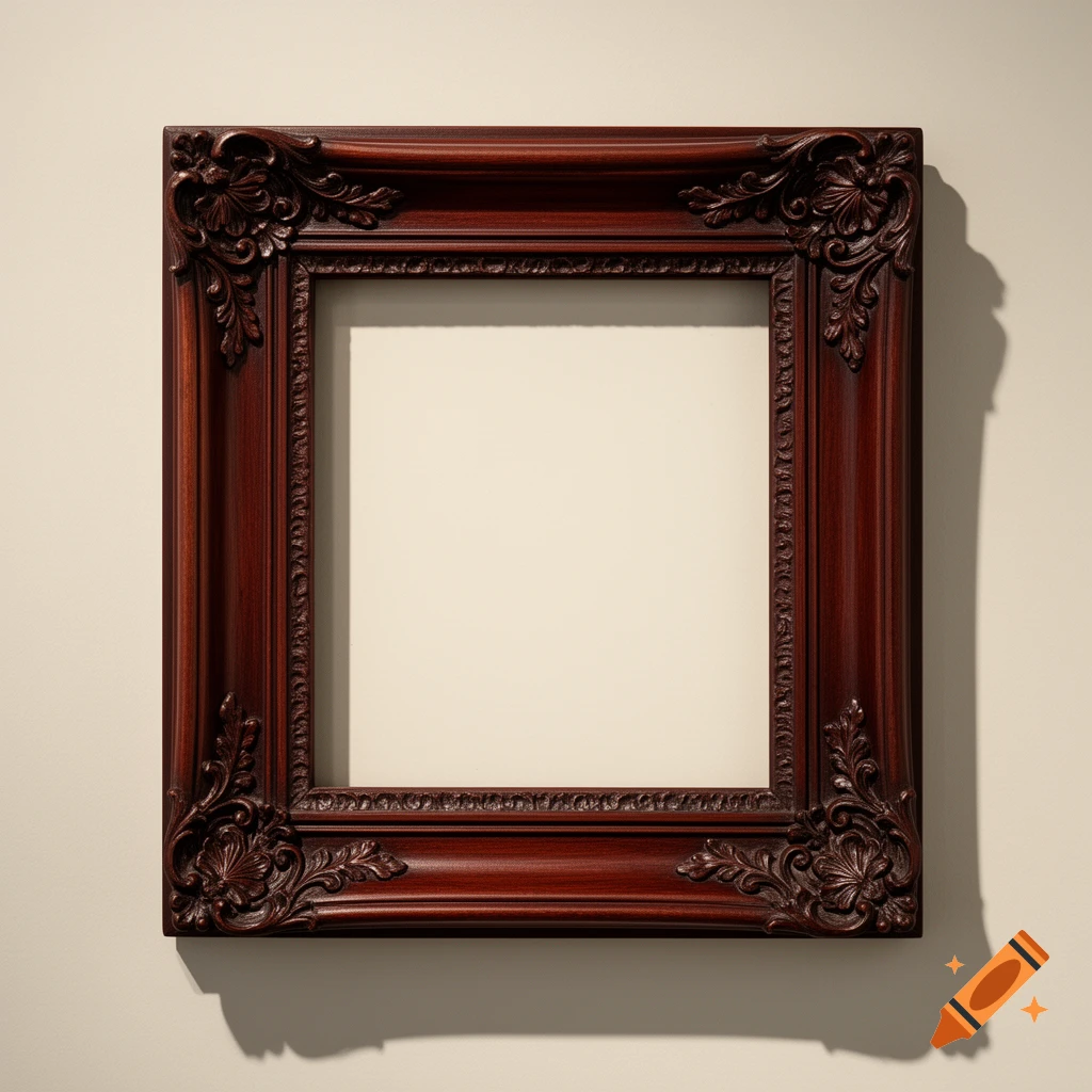 A dark wood, ornate Victorian-style empty square picture frame hangs on a light wall.