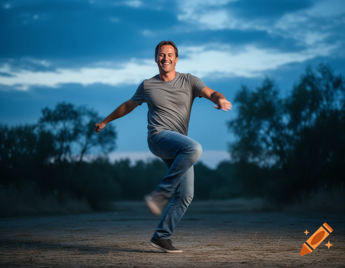 A smiling man in a grey t-shirt and jeans dances energetically outdoors at dusk, with trees in the blurred background.