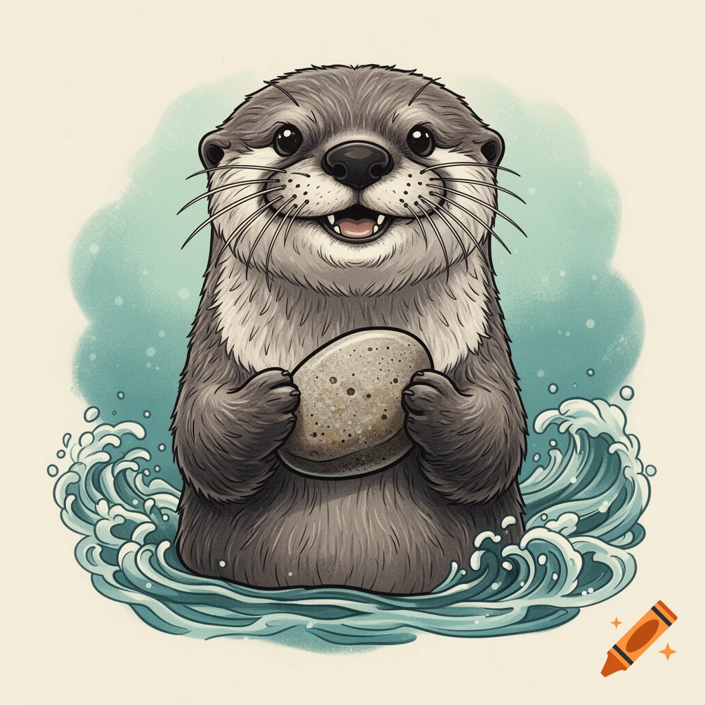 A happy cartoon otter with a big smile holding a stone, sitting in water with stylized waves, in an illustration style.