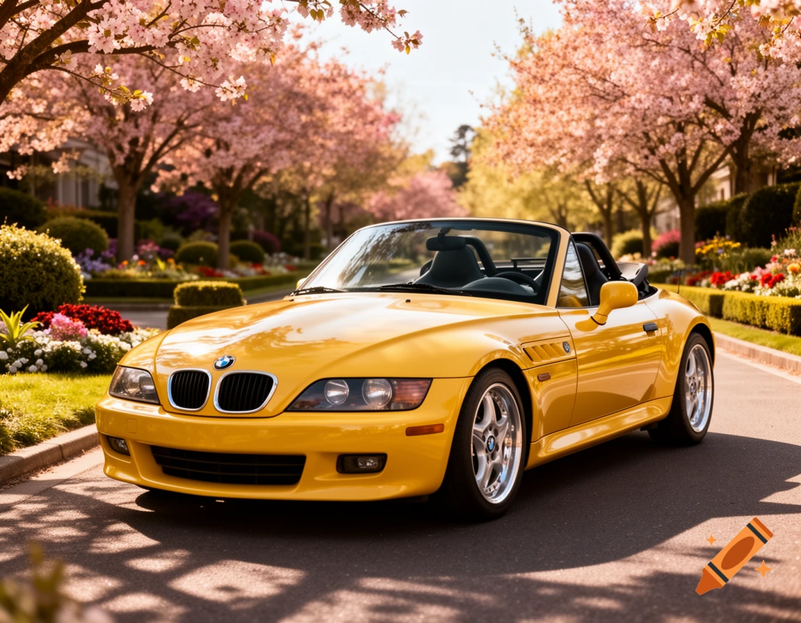 A bright yellow BMW Z3 convertible is parked on a sun-dappled road lined with blooming pink cherry blossom trees.