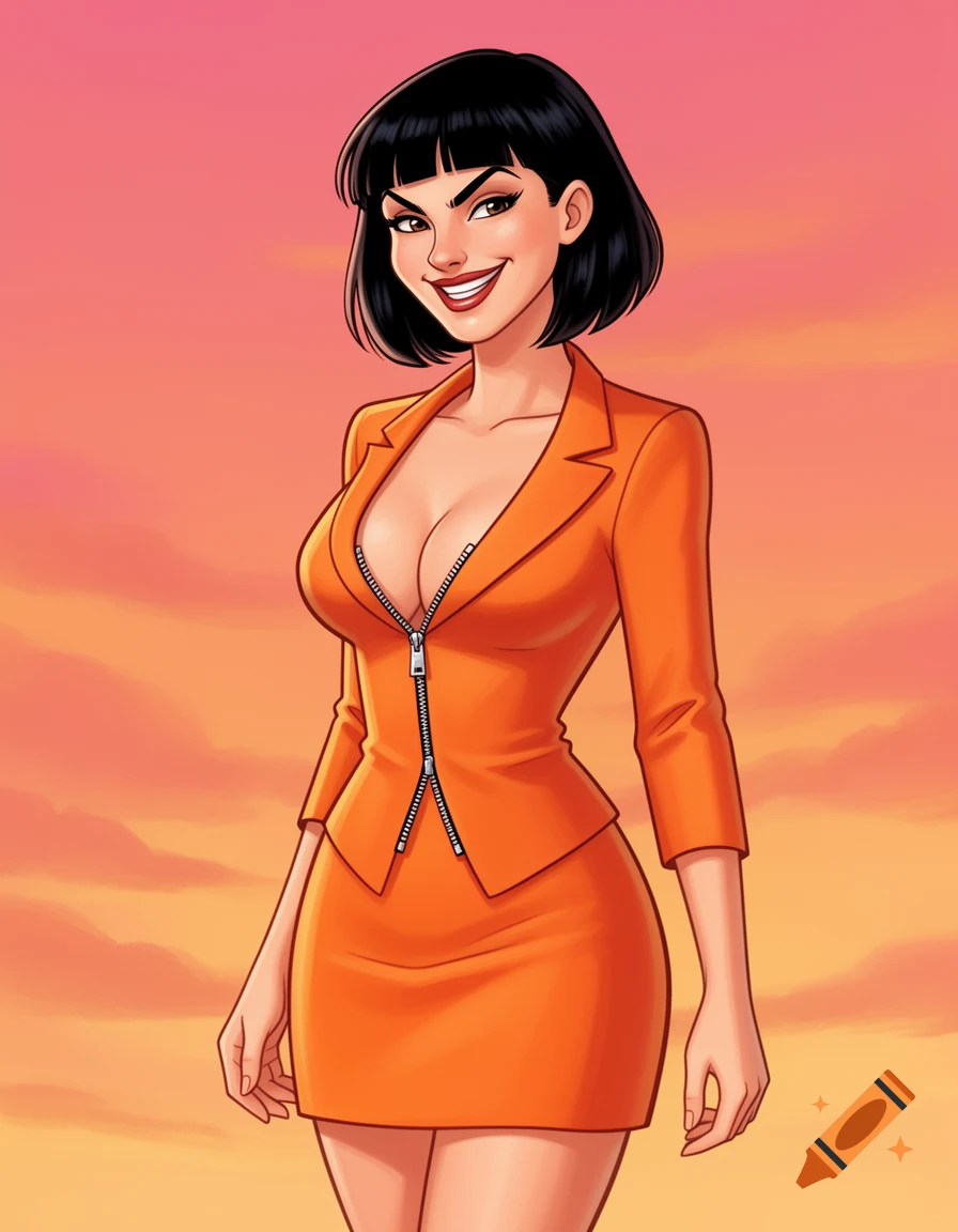 A stylized woman with short black hair and a grin, wearing an orange blazer and mini-skirt with a partially unzipped front, against a warm pink and orange background.